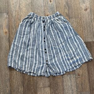 Blue & Off White Striped Linen Blend Button-Front Midi Skirt Size S